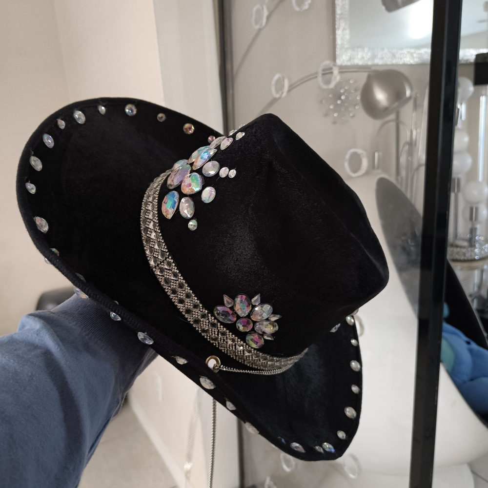 Dolls Kill Black Hat with Iridescent Gemstones